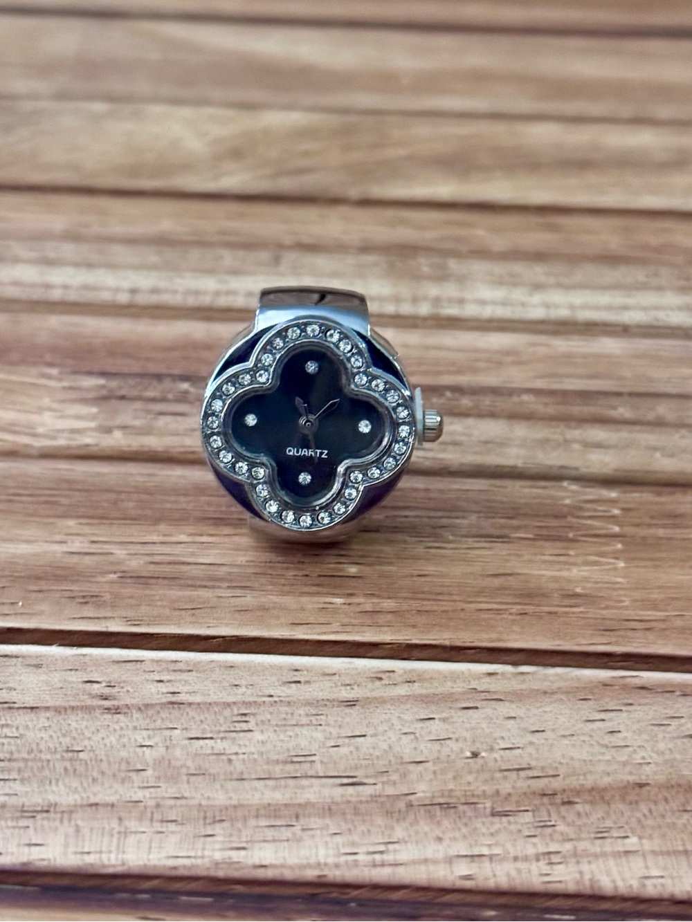 Crystal Accent Black Flower-Shaped Quartz Ring Watch